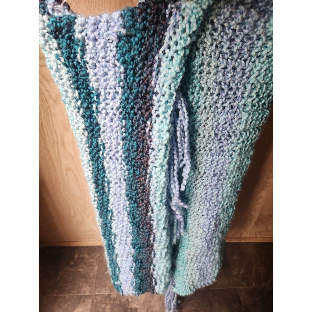 Soft Wide Handmade Scarf Crochet ~18x64 In. Multicolor Blue Stripes W/ Fringe - Picture 13 of 16